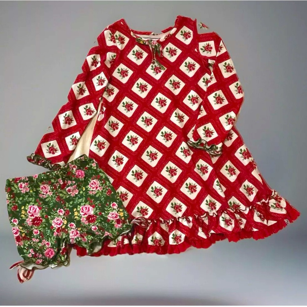 Sweet Honey Christmas Nightgown with Bloomers, Girls Size 8. EUC